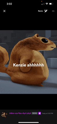 a screenshot of a squirrel with the words kenzie ahhhh on it