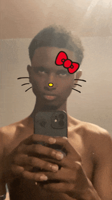 a man taking a selfie with a hello kitty face on his face