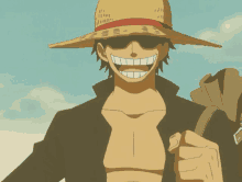 a man wearing a straw hat and sunglasses is smiling and holding a bag