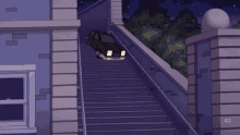 a car is driving down a set of stairs with cn on the bottom right