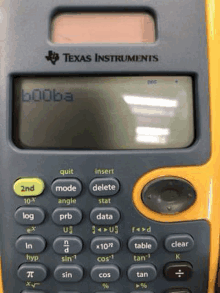 a close up of a texas instruments calculator with the word booba on the screen .