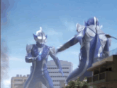 two cartoon characters are fighting each other in front of a city