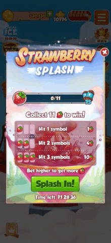 a screenshot of a game called strawberry splash with a strawberry on the screen