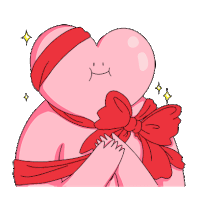 a cartoon drawing of a pink heart with a red bow around it