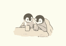 a drawing of two penguins wrapped in a blanket holding cups of coffee