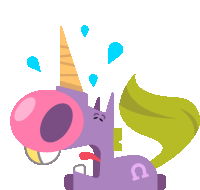 a purple unicorn with a pink bubble gum in its mouth and a horseshoe on its back