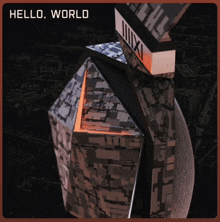 a picture of a building with the words hello world below it