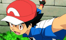 a boy wearing a red hat and a blue shirt is holding a pokeball