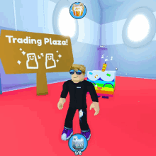 a roblox character is standing in front of a trading plaza sign