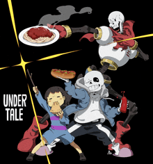 a poster for undertale shows a girl eating a pizza and a man holding a hot dog