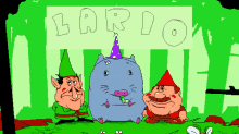 a cartoon drawing of three gnomes and a hamster with the word lario written in white