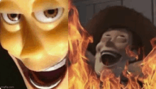 a close up of a toy story character 's face next to a close up of a toy story character in flames .