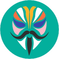 a colorful mask with a mustache is in a green circle