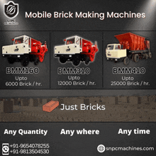 a poster for mobile brick making machines shows three different trucks