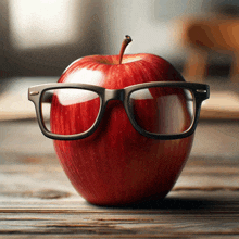 a red apple with black glasses on it