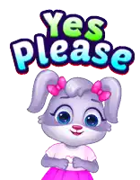 a cartoon bunny says yes please with a pink bow on her ears