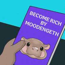 a person is holding a purple book titled become rich by moodeneth