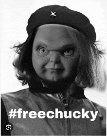 a black and white photo of a doll wearing a beret and the words #freechucky