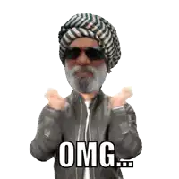 a man with a beard wearing sunglasses and a turban says " omg "