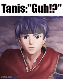 a cartoon character with blue hair and a headband on his head is talking to someone .