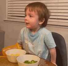 a little boy wearing a blue shirt with a shark on it sits at a table with bowls of food