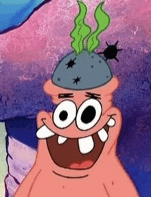 patrick star from spongebob squarepants is wearing a stinky hat with stinky smell coming out of it .