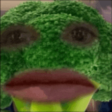 a close up of a person 's face with a green frog mask on .