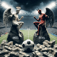 a statue of an angel and a statue of a devil sitting next to a soccer ball on a pile of money