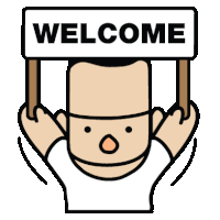 a cartoon man is holding a welcome sign in his hands