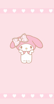 a pink bunny with a bow on its head is on a pink background with white hearts .