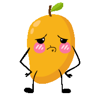 a cartoon illustration of a mango with arms legs and a sad face