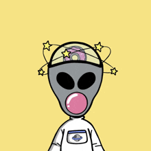 a cartoon drawing of an alien with a bubble in his mouth and stars around his head