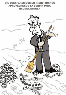 a cartoon of a man with a broom surrounded by skulls and bones