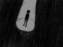 a black and white drawing of a boy standing in a hole