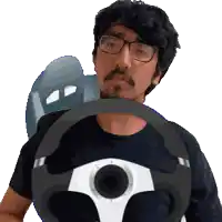 a man with glasses is holding a steering wheel