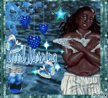 a picture of a woman with the words " good morning " on it