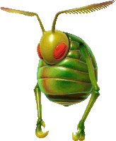 a green bug with red eyes and yellow claws on a white background