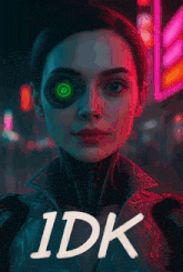 a poster of a woman with a green eye and the word idk on the bottom
