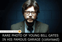 a photo of young bill gates in his famous garage is colorized