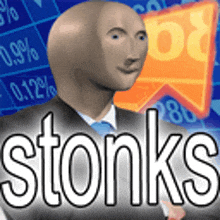 a man in a suit and tie is standing in front of a stock chart with the words stonks on it .