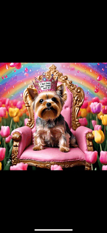 a small dog wearing a crown is sitting on a pink chair surrounded by flowers