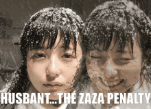 a picture of a woman with snow on her hair and the words husband the zaza penalty