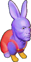 a purple rabbit with a man 's head on its back