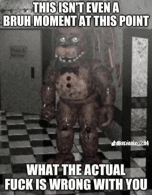 five nights at freddy 's freddy the bear is standing in a hallway with a checkered floor .