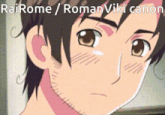 a close up of a person 's face with the words rairome romanviki canon written below it