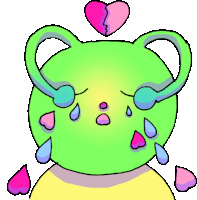 a green frog with a broken heart on its head