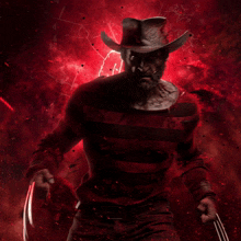 a man in a cowboy hat is holding a pair of claws in front of a red background