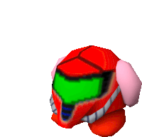 a red and pink cartoon character with a green helmet