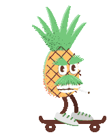 a pineapple with a mustache is riding a skateboard and wearing sneakers