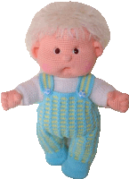 a knitted doll with overalls and a white shirt